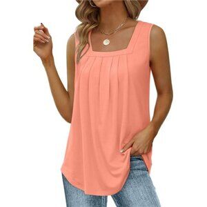 Summer Tank Tops for Women Loose Fit Pleated Square Neck Sleeveless Tops Curved
